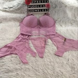 💜 VS 4pc VS Very Sexy Corset Top, V-String, Cheeky, & Crotchless Panty Set 💜